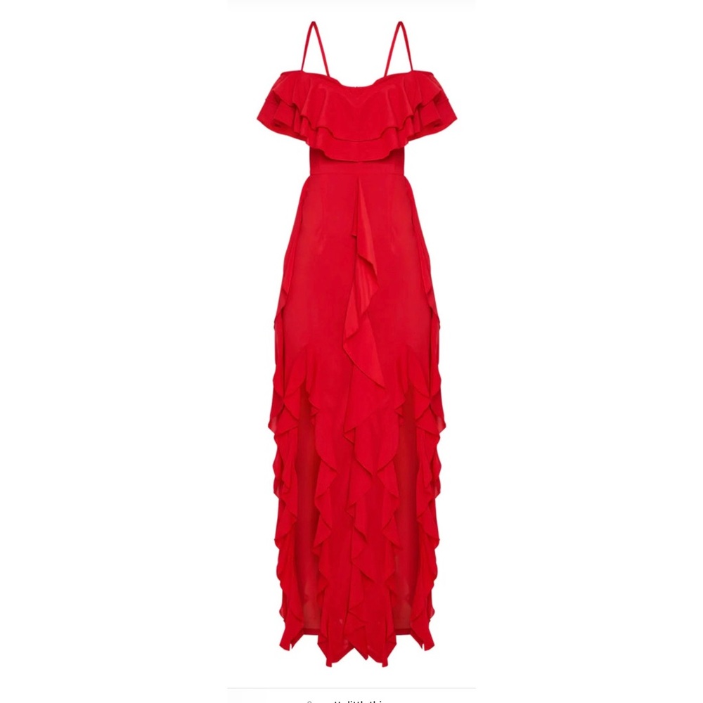 Red Cold Shoulder Ruffle Detail Maxi Dress - Picture 3 of 5
